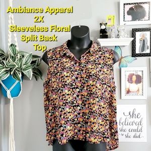 Ambiance Apparel 2X Sleeveless Floral Split Back Top